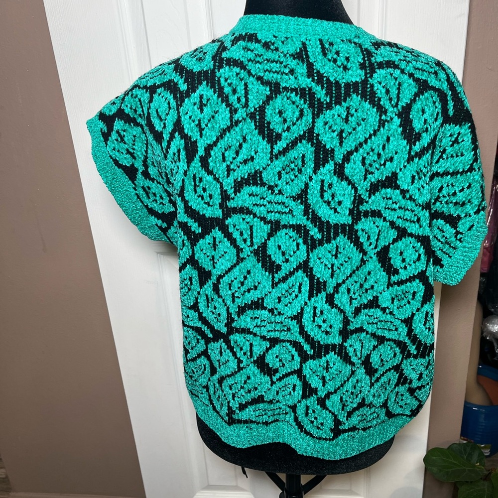 Carducci Women's Sweater Size M Teal & Black Leaf Pattern Knit Pullover V-Neck - Picture 7 of 13